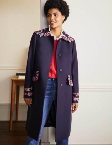 BODEN Floral Embroidered Coat Navy Embroidered ~ feminine dark blue wool blend coats