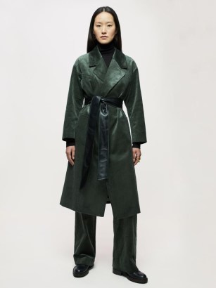 JIGSAW Freya Cord Belted Trench Coat ~ womens green corduroy tie waist coats - flipped