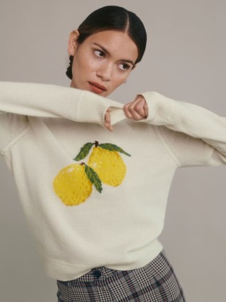 Reformation Fruit Intarsia Sweater in Arctic | wool crew neck sweaters | womens patterned jumpers | fruits on knitwear - flipped