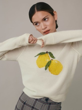 Reformation Fruit Intarsia Sweater in Arctic | wool crew neck sweaters | womens patterned jumpers | fruits on knitwear