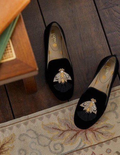 BODEN Gabriella Embellished Loafers Black Velvet/Moth / luxe style beaded and tasseled loafer shoes / insect themed flats - flipped