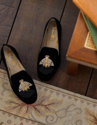 BODEN Gabriella Embellished Loafers Black Velvet/Moth / luxe style beaded and tasseled loafer shoes / insect themed flats