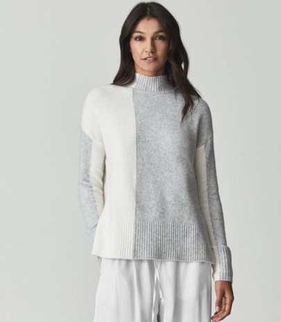Reiss GAIA COLOUR BLOCK HIGH NECK JUMPER GREY | womens luxe style drop shoulder jumpers | women’s chic colourblock knitwear - flipped