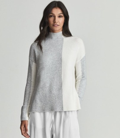 Reiss GAIA COLOUR BLOCK HIGH NECK JUMPER GREY | womens luxe style drop shoulder jumpers | women’s chic colourblock knitwear