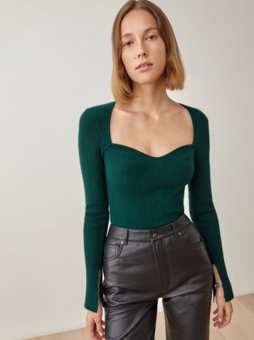 REFORMATION Glenna Cashmere Sweater in Sycamore ~ green sweetheart neckline sweaters