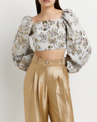 Gold floral print long sleeve crop top ~ cropped balloon sleeve square neck evening tops ~ luxe style party fashion
