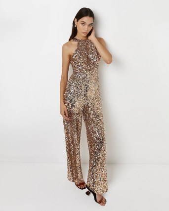 RIVER ISLAND GOLD SEQUIN HALTER NECK JUMPSUIT ~ glittering luxe-style evening halterneck jumpsuits ~ glamorous all-in-one party fashion - flipped