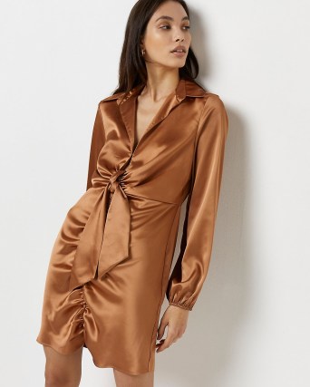 RIVER ISLAND GOLD TIE FRONT MINI DRESS ~ glamorous gathered detail party fashion ~ going out evening dresses - flipped