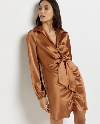 RIVER ISLAND GOLD TIE FRONT MINI DRESS ~ glamorous gathered detail party fashion ~ going out evening dresses