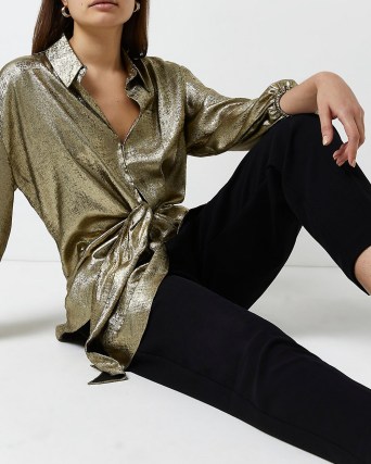 RIVER ISLAND GOLD TIE FRONT SHIRT – women’s luxe style going out shirts - flipped