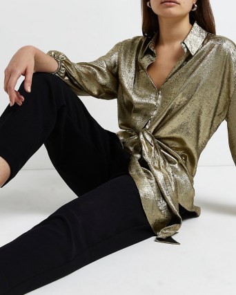 RIVER ISLAND GOLD TIE FRONT SHIRT – women’s luxe style going out shirts