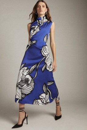 KAREN MILLEN Graphic Linear Twist Neck Woven Sleeveless Dress Cobalt / blue high neck bold floral print occasion dresses