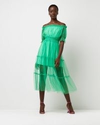 River Island Green bardot tiered midi dress | semi sheer ruffle trimmed off the shoulder dresses | feminine party fashion