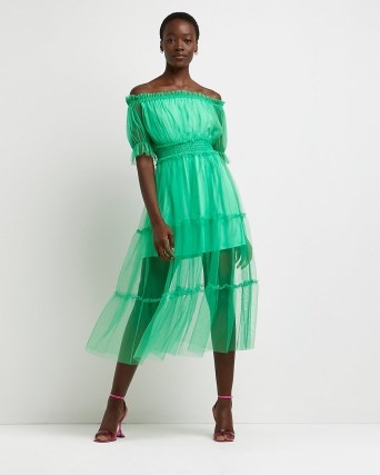 River Island Green bardot tiered midi dress | semi sheer ruffle trimmed off the shoulder dresses | feminine party fashion - flipped