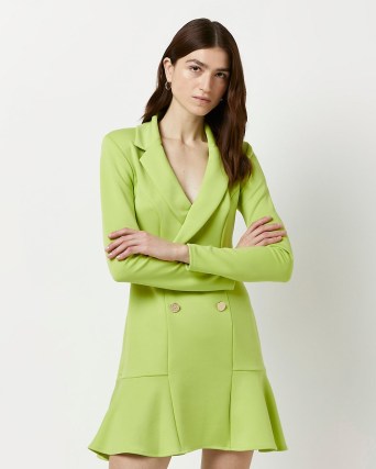RIVER ISLAND GREEN BLAZER MINI DRESS ~ flared tiered hem jacket style dresses - flipped