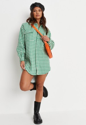 MISSGUIDED green boucle houndstooth oversized shirt dress ~ checked high low curved hem dresses - flipped