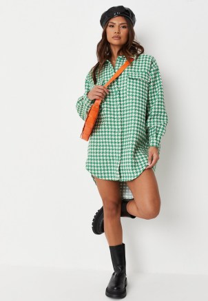 MISSGUIDED green boucle houndstooth oversized shirt dress ~ checked high low curved hem dresses