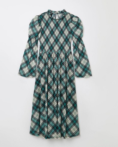 RIVER ISLAND Green check shirred midi dress ~ checked vintage style dresses - flipped
