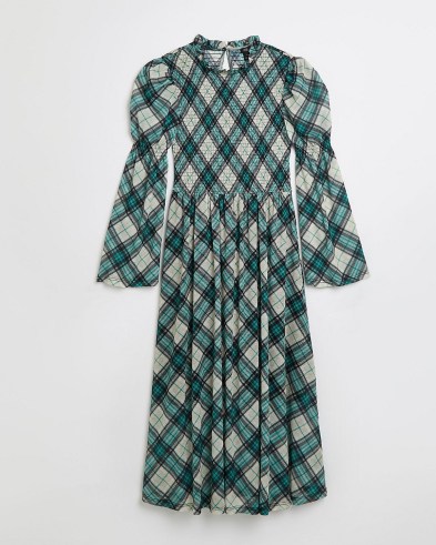 RIVER ISLAND Green check shirred midi dress ~ checked vintage style dresses