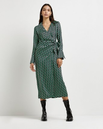 RIVER ISLAND GREEN GEOMETRIC PRINT WRAP DRESS ~ classic vintage inspired side tie dresses ~ geo printed fashion
