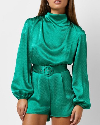 RIVER ISLAND Green high neck belted satin playsuit ~ glamorous high neck long balloon sleeve playsuits - flipped