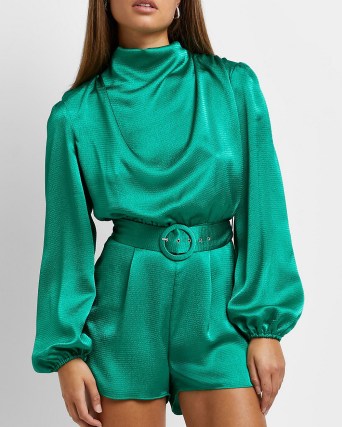 RIVER ISLAND Green high neck belted satin playsuit ~ glamorous high neck long balloon sleeve playsuits