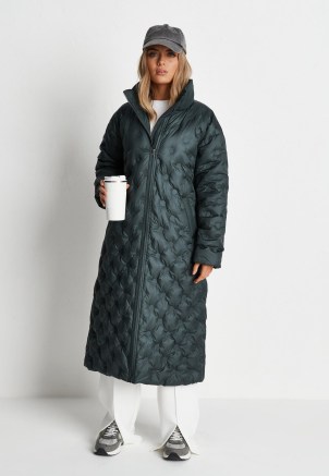 MISSGUIDED green quilted coat ~ fashionable longline padded winter coats - flipped