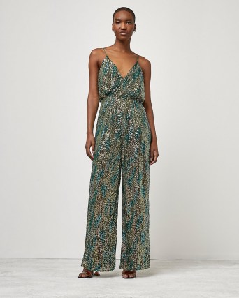 RIVER ISLAND GREEN SEQUIN WRAP FRONT JUMPSUIT / shimmering sequinned cami strap jumpsuits - flipped