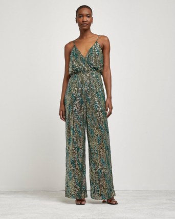 RIVER ISLAND GREEN SEQUIN WRAP FRONT JUMPSUIT / shimmering sequinned cami strap jumpsuits