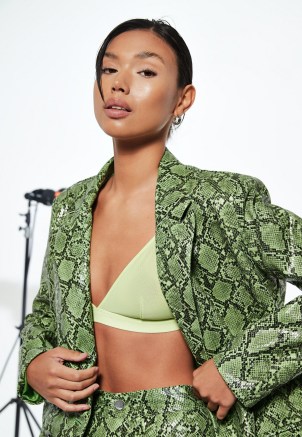 MISSGUIDED green snake print faux leather wide fit blazer ~ womens fashionable animal print blazers ~ women’s on-trend reptile printed jackets