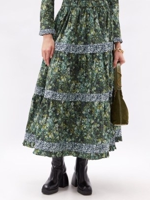 BATSHEVA X Laura Ashley Brie cotton maxi skirt ~ green floral tiered skirts ~ prairie style fashion - flipped