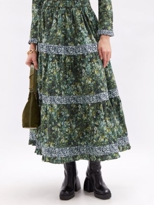 BATSHEVA X Laura Ashley Brie cotton maxi skirt ~ green floral tiered skirts ~ prairie style fashion