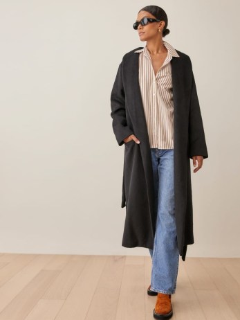 REFORMATION Greenwich Coat in Black ~ womens shawl collar midi length winter coats ~ tie waist belt