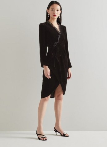 L.K. BENNETT GRETTEL BLACK VELVET WRAP DRESS / luxe style occasion dresses / ruffle trim LBD / evening fashion - flipped
