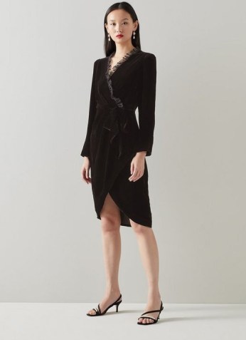 L.K. BENNETT GRETTEL BLACK VELVET WRAP DRESS / luxe style occasion dresses / ruffle trim LBD / evening fashion