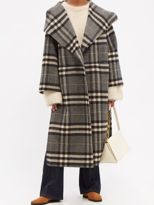 TOTÊME Checked side-slit wool coat in grey ~ womens oversized fit wide draped lapel coats ~ women’s chic check print winter outerwear - flipped
