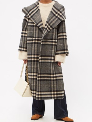 TOTÊME Checked side-slit wool coat in grey ~ womens oversized fit wide draped lapel coats ~ women’s chic check print winter outerwear