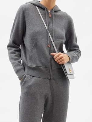 BURBERRY Libby zipped hooded sweatshirt in grey / womens designer monogram embroidered front zip sweatshirts / women’s cashmere and cotton blend hoodies - flipped