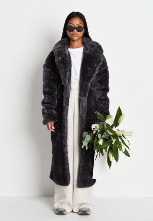 MISSGUIDED grey teddy borg seam detail longline coat ~ womens luxe style winter coats ~ women’s on-trend faux fur outerwear - flipped