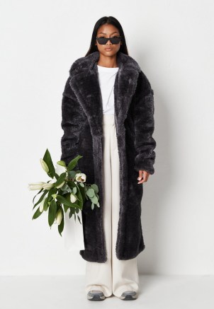 MISSGUIDED grey teddy borg seam detail longline coat ~ womens luxe style winter coats ~ women’s on-trend faux fur outerwear