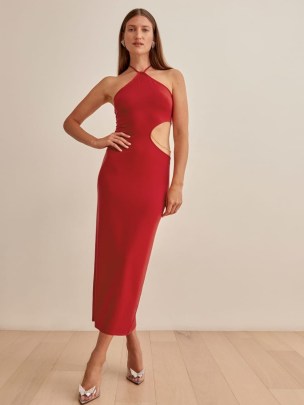 REFORMATION Cammi Dress in Cherry / side cut out halterneck dresses / glamorous halter neck fashion / cut out detail evening occasionwear / party glamour - flipped