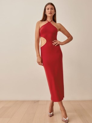 REFORMATION Cammi Dress in Cherry / side cut out halterneck dresses / glamorous halter neck fashion / cut out detail evening occasionwear / party glamour