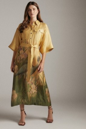 KAREN MILLEN Heron Print Satin Maxi Belted Woven Shirt Dress / luxe style bird and floral print tie waist dresses