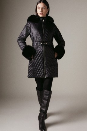 KAREN MILLEN High Shine Faux Fur Cuff Quilted Coat / glamorous winter coats / womens outerwear - flipped