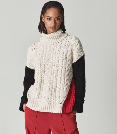 REISS JAN COLOUR BLOCK CABLE KNIT ROLL-NECK JUMPER MULTI ~ chic chunky high neck colourblock jumpers - flipped
