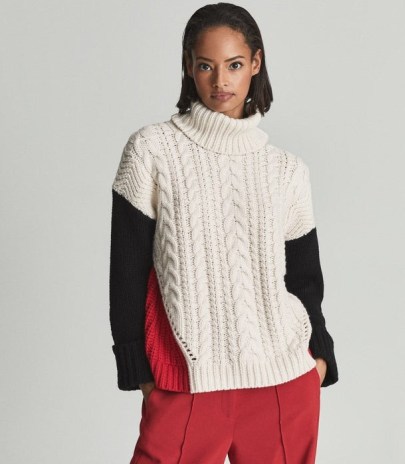 REISS JAN COLOUR BLOCK CABLE KNIT ROLL-NECK JUMPER MULTI ~ chic chunky high neck colourblock jumpers