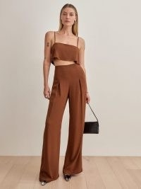REFORMATION Jaylen Two Piece in Toffee ~ brown strappy crop top and trouser sets ~ womens tops and trousers fashion co-ords
