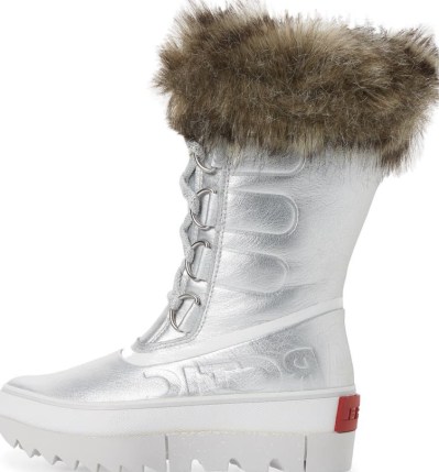 SOREL Joan of Arctic Next Faux Fur Waterproof Snow Boot in Pure Silver Leather ~ womens metallic winter boots - flipped