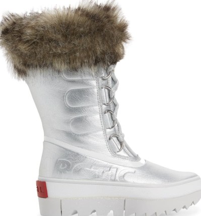 SOREL Joan of Arctic Next Faux Fur Waterproof Snow Boot in Pure Silver Leather ~ womens metallic winter boots