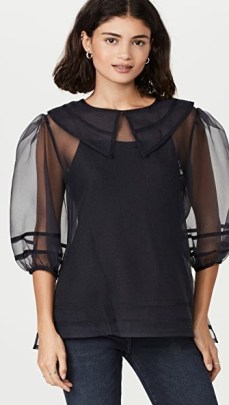Jonathan Simkhai Katherine Organza Collar Blouse in Black ~ sheer balloon sleeve blouses ~ oversized collar tops - flipped